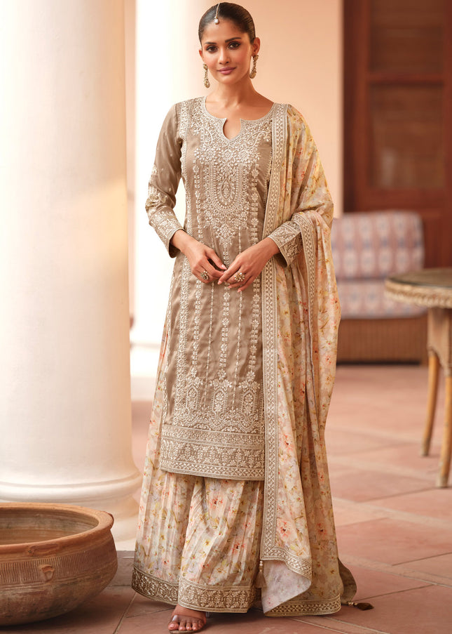 Beige Embroidered Sharara Suit