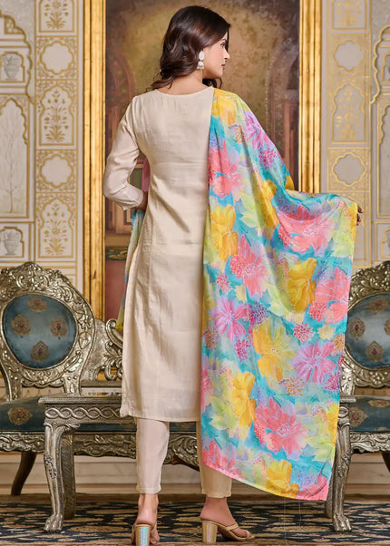 Beige Embroidered Pant Style Suit