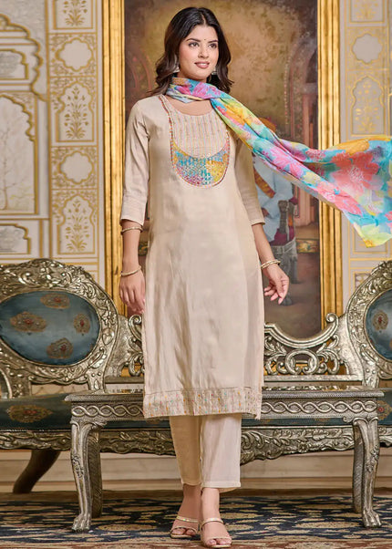 Beige Embroidered Pant Style Suit