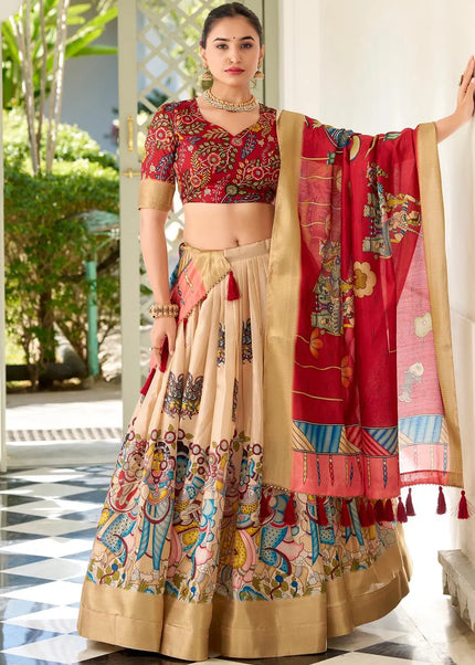 Beige and Maroon Embroidered Lehenga Choli