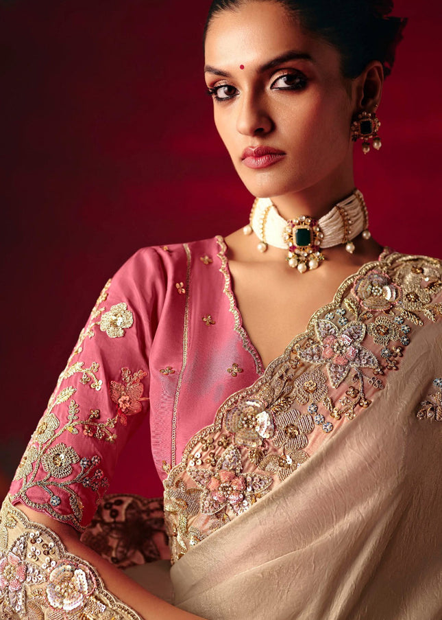 Beige and Pink Embroidered Festive Saree