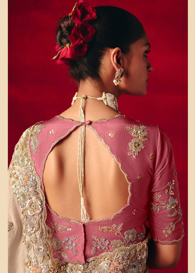 Beige and Pink Embroidered Festive Saree