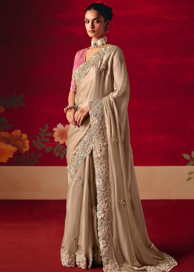 Beige and Pink Embroidered Festive Saree