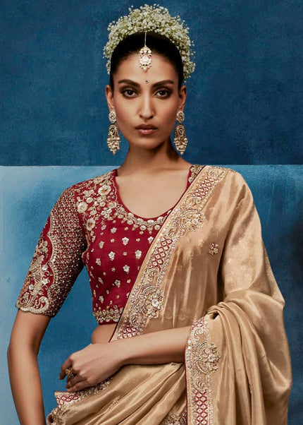Beige and Pink Embroidered Festive Saree