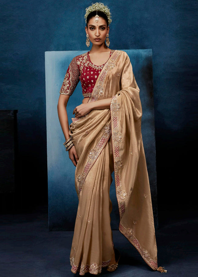 Beige and Pink Embroidered Festive Saree