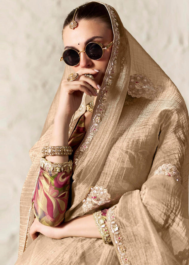 Beige Printed and Embroidered Festive Saree