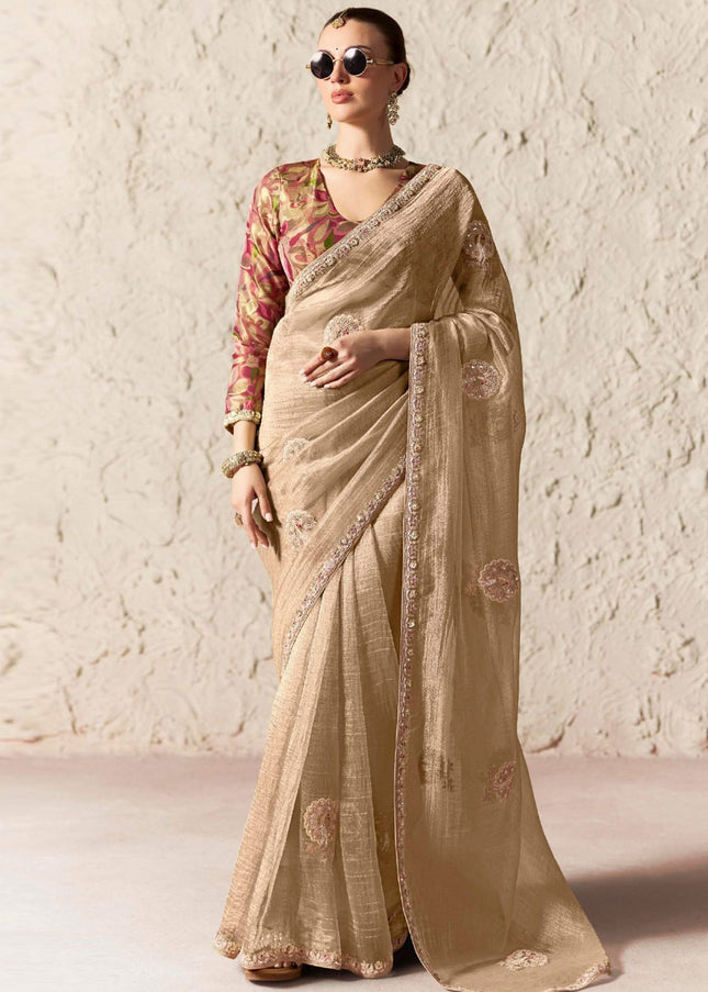Beige Printed and Embroidered Festive Saree