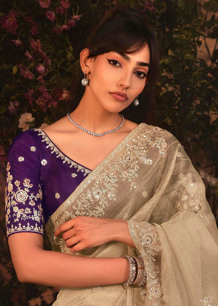 Beige Embroidered Festive Saree