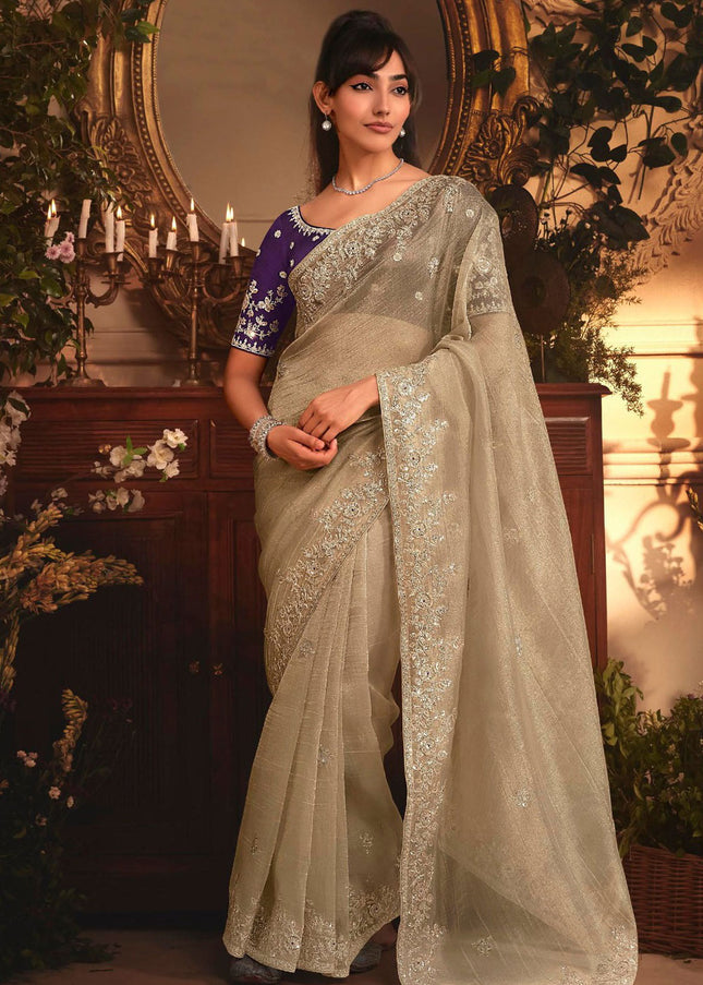 Beige Embroidered Festive Saree