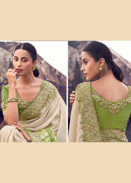 Green and Cream Embroidered Wedding Saree