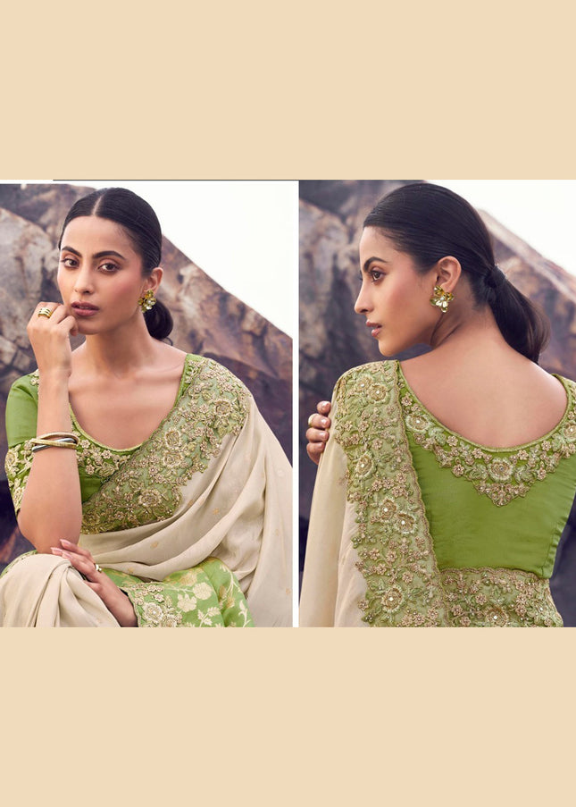 Green and Cream Embroidered Wedding Saree
