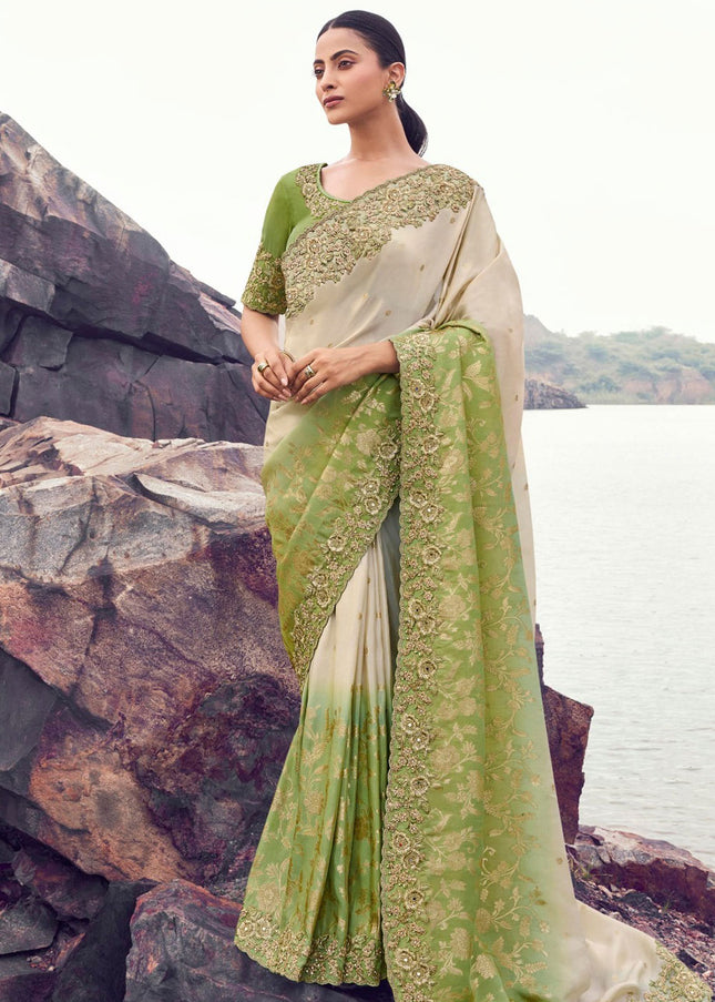 Green and Cream Embroidered Wedding Saree
