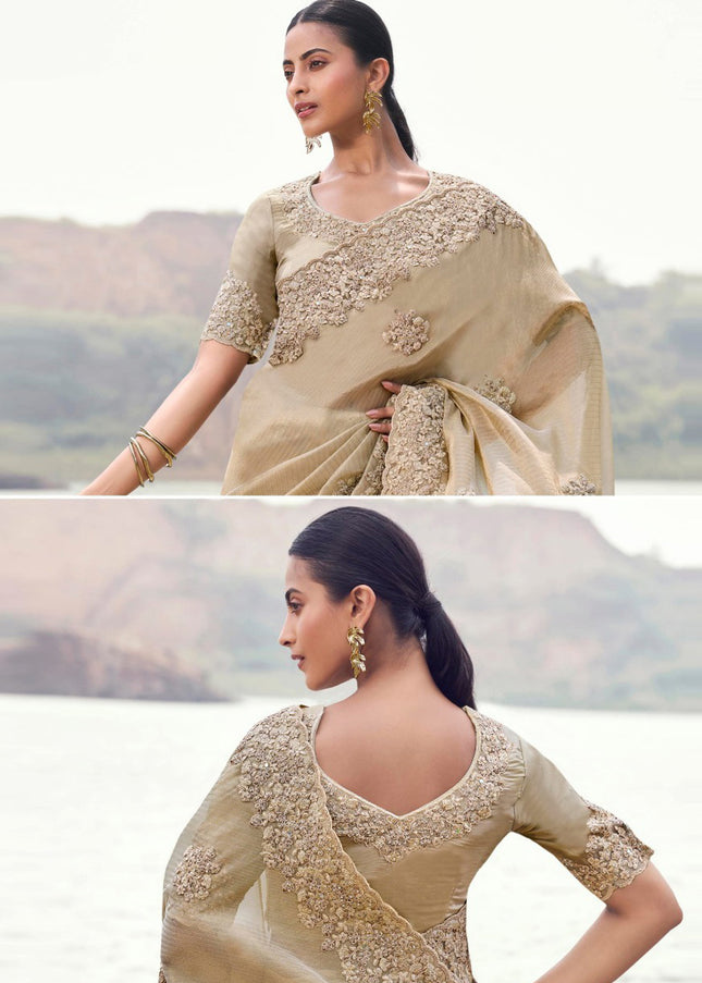 Beige Embroidered Wedding Saree