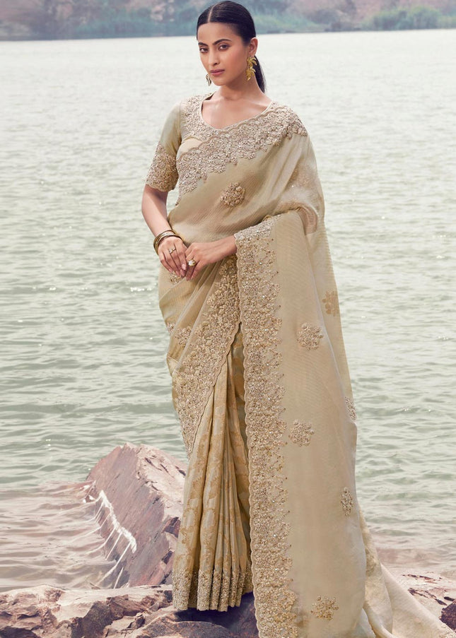 Beige Embroidered Wedding Saree
