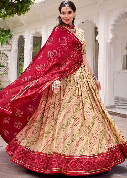 Beige and Maroon Printed and Embroidered Lehenga Choli