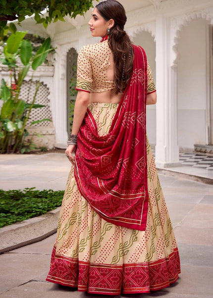 Beige and Maroon Printed and Embroidered Lehenga Choli