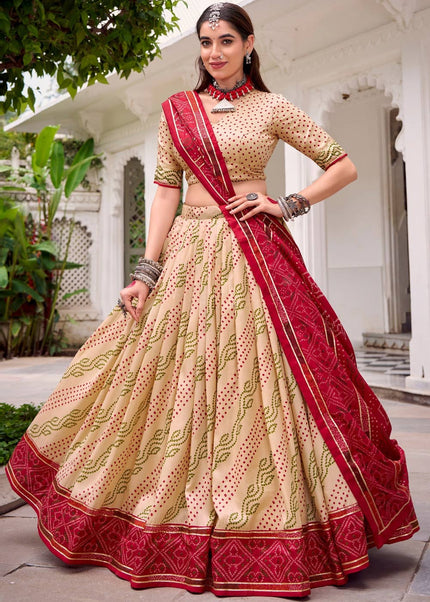 Beige and Maroon Printed and Embroidered Lehenga Choli