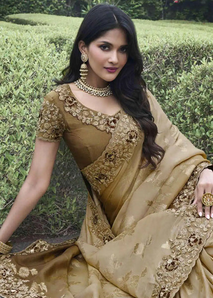 Beige Embroidered Wedding Saree