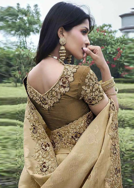 Beige Embroidered Wedding Saree