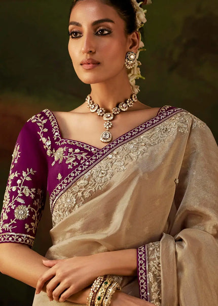 Beige and Purple Embroidered Festive Saree