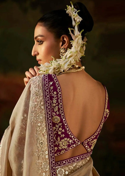 Beige and Purple Embroidered Festive Saree