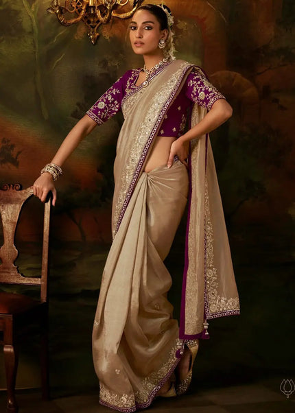 Beige and Purple Embroidered Festive Saree