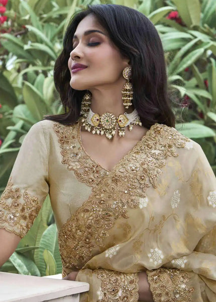 Beige Embroidered Wedding Saree