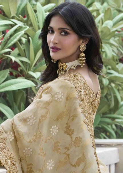Beige Embroidered Wedding Saree