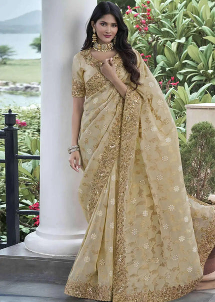 Beige Embroidered Wedding Saree