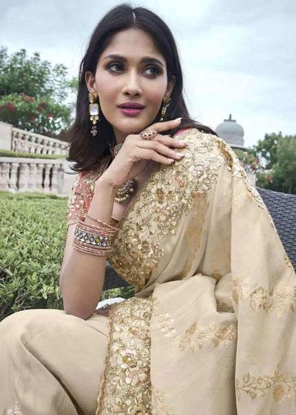 Beige and Peach Embroidered Wedding Saree