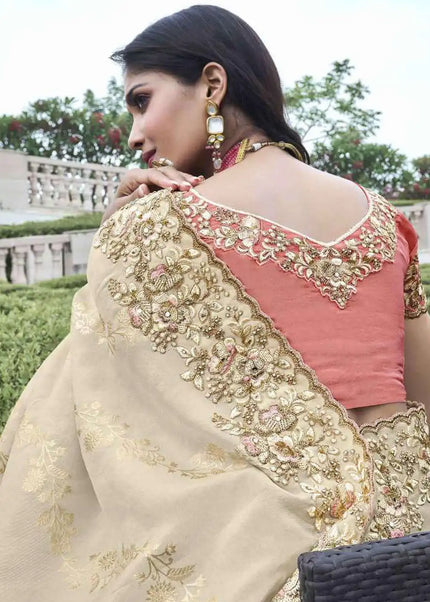 Beige and Peach Embroidered Wedding Saree