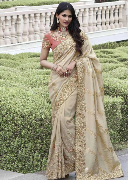 Beige and Peach Embroidered Wedding Saree