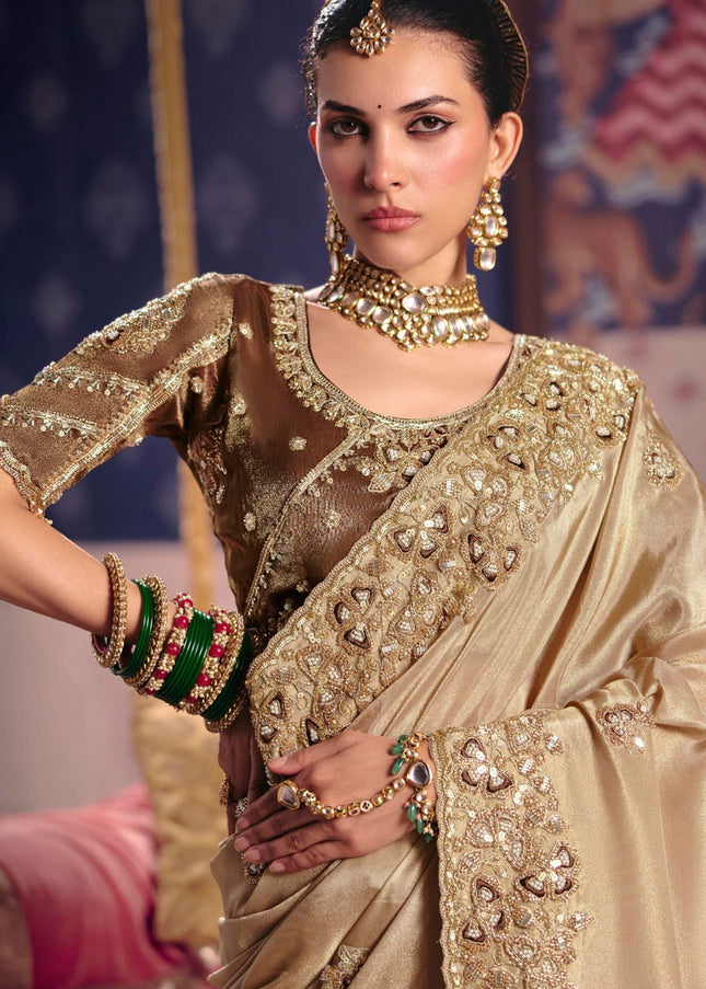 Beige and Brown Embroidered Wedding Saree