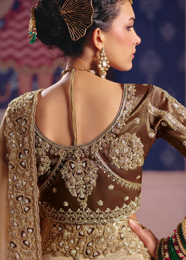 Beige and Brown Embroidered Wedding Saree