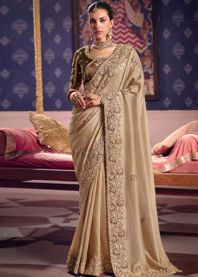 Beige and Brown Embroidered Wedding Saree