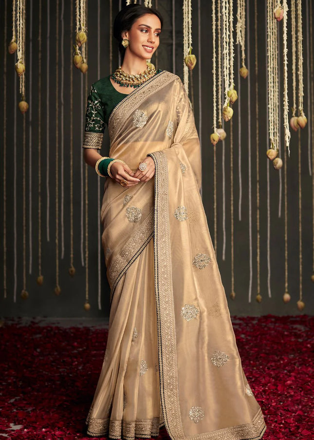 Beige and Green Embroidered Wedding Saree