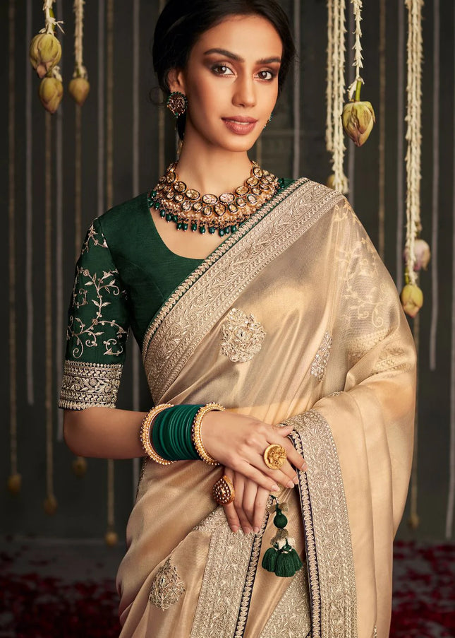 Beige and Green Embroidered Wedding Saree