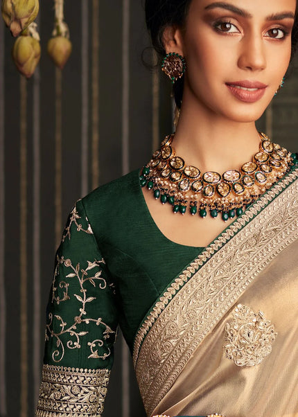 Beige and Green Embroidered Wedding Saree