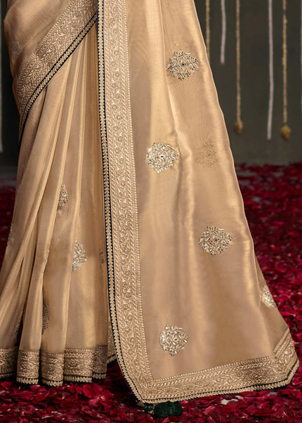 Beige and Green Embroidered Wedding Saree