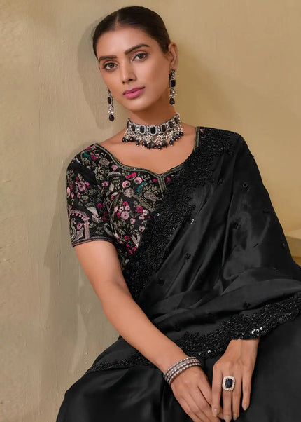 Black Embroidered Banarasi Tuscany Saree