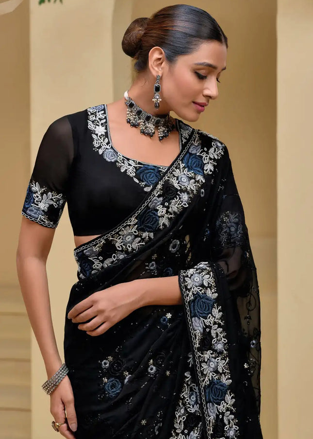 Black Embroidered Banarasi Tuscany Saree
