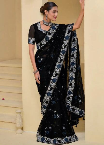 Black Embroidered Banarasi Tuscany Saree