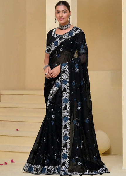 Black Embroidered Banarasi Tuscany Saree