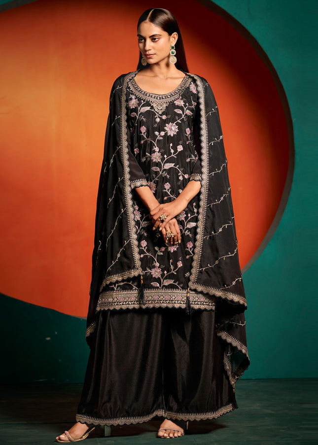 Black Embroidered Sharara Suit