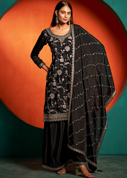 Black Embroidered Sharara Suit