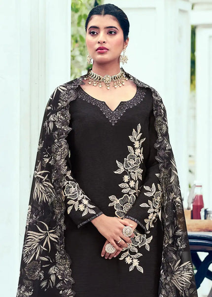 Black Embroidered Palazzo Suit