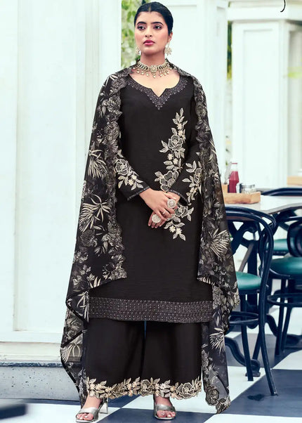 Black Embroidered Palazzo Suit