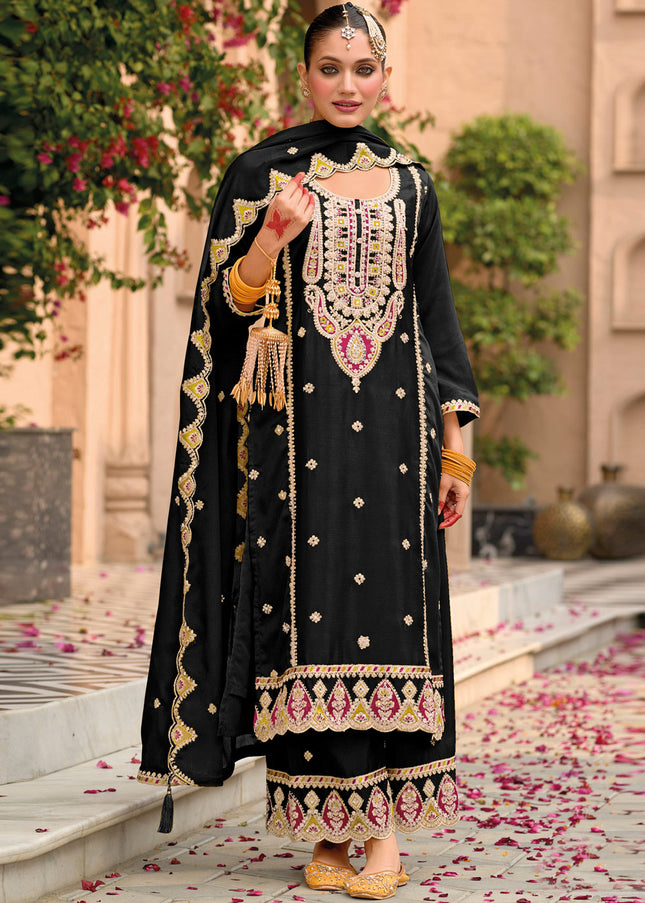 Black Embroidered Palazzo Suit