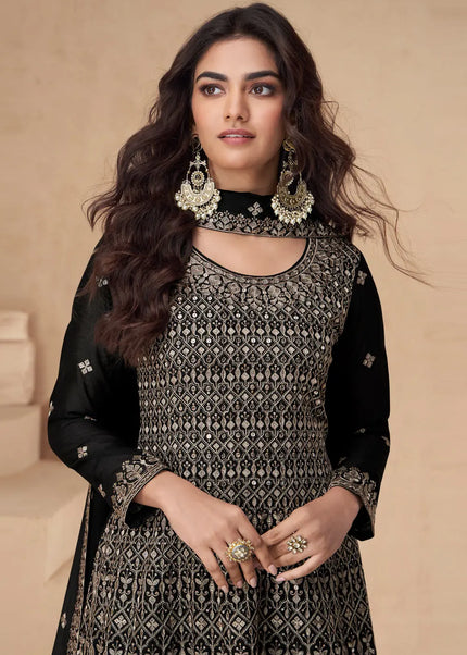 Black Embroidered Sharara Suit