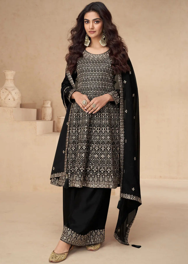 Black Embroidered Sharara Suit